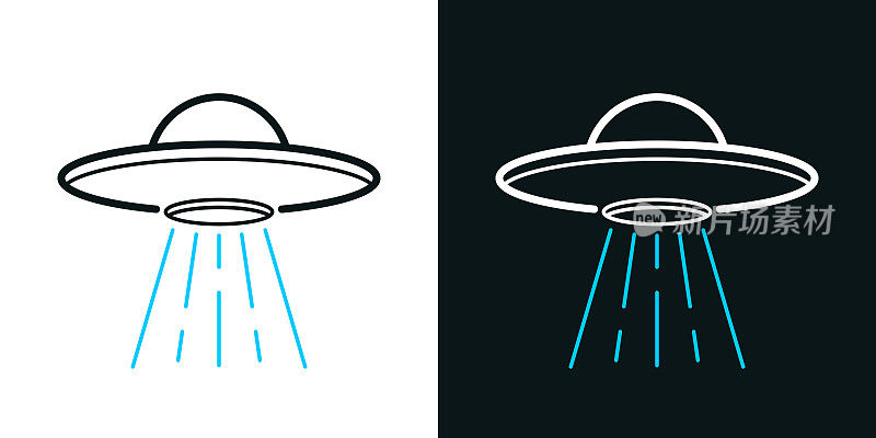 UFO -有光束的飞碟。黑色或白色背景上的双色线条图标-可编辑笔触